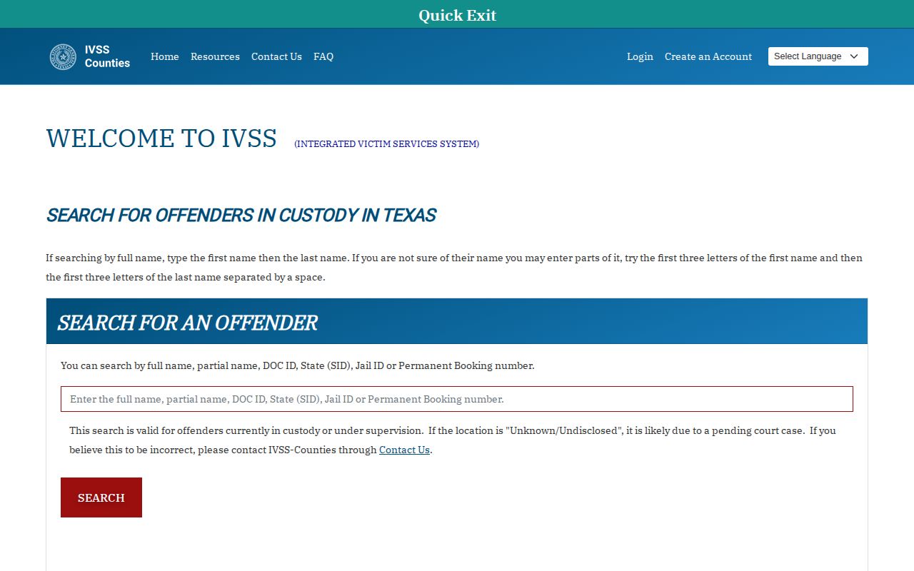 Limestone County released inmate IVSS-Counties search and registration