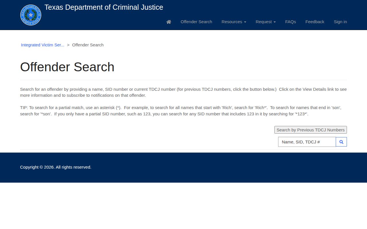 Texas IVSS offender search and subscription screen for TDCJ records
