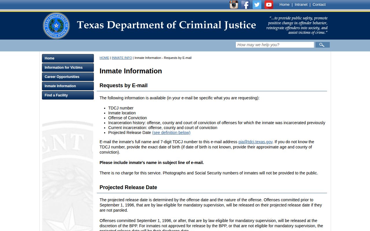 TDCJ projected release definition and email information page